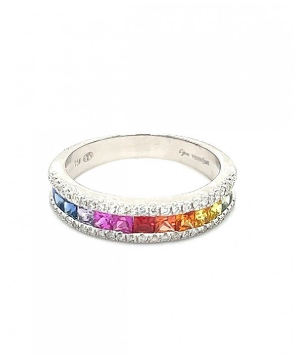 Bague or blanc 750/1000ème saphirs multicolores et diamants LIGNE VENDOME RM112SG Collection Rainbow