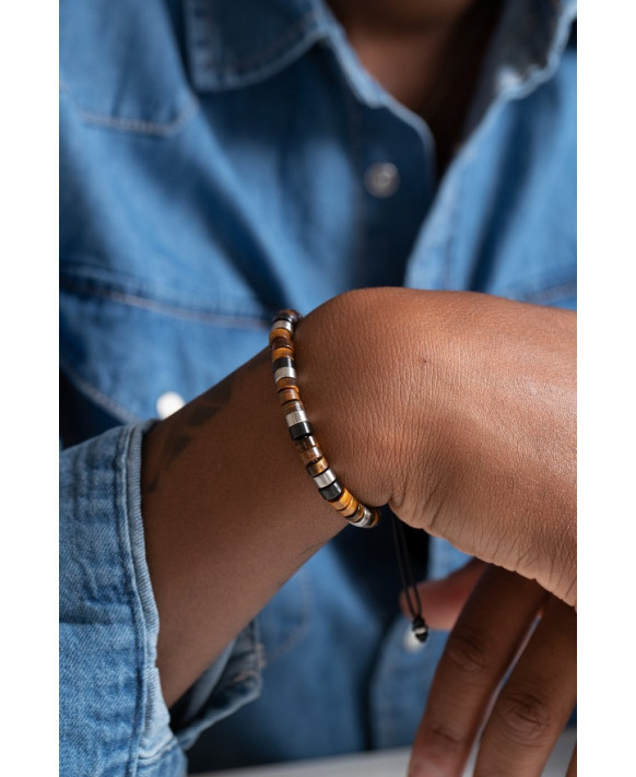 EDGAR, Bracelet homme cuir, acier et pierres PHEBUS 35-1108