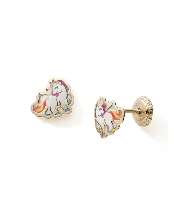 Boucles d'oreilles or 375/1000ème motif  Licornes laques multicolores système à vis