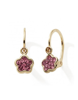Boucles d'oreilles or 375/1000ème  dormeuses motif Fleurs cristaux roses