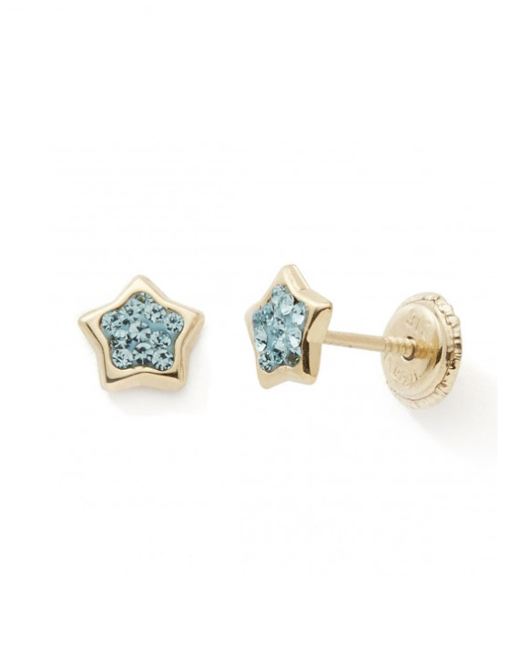 Boucles d'oreilles or 375/1000ème motif Etoiles cristaux bleus système à vis