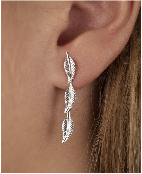 Boucles d'oreilles pendantes or blanc 375/1000ème 3 petites plumes