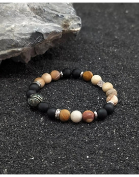 Bracelet homme perle de Tahiti, agates noires, bois fossilisés Ikoba BRBF18G
