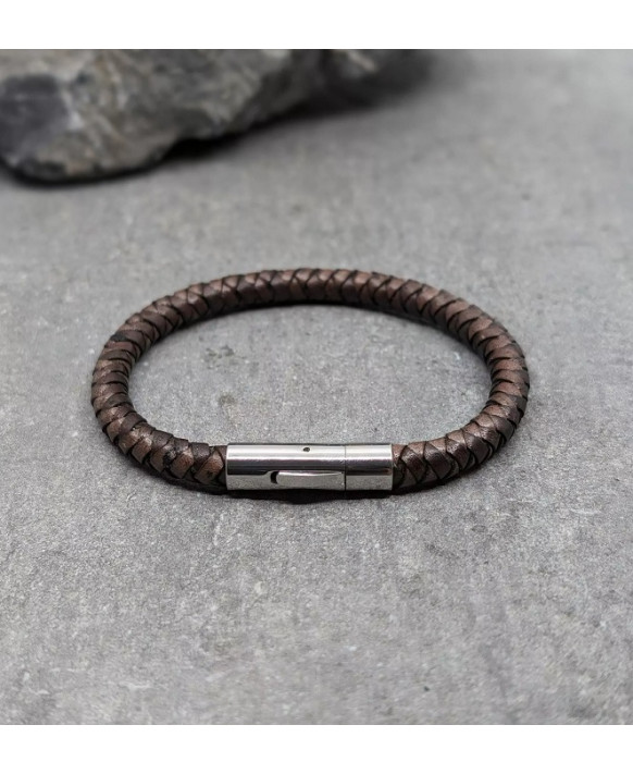 Bracelet homme cuir tressé marron IKOBA BTR001B