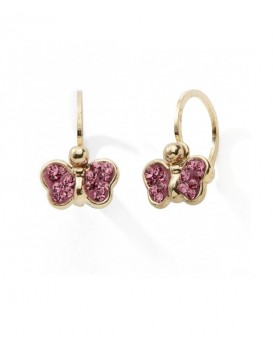 Boucles d'oreilles or  375 et cristaux rose motif Papillons