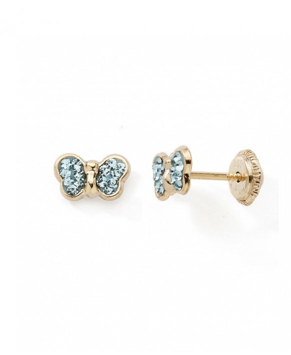 Boucles d'oreilles or 375/1000ème motif Papillons cristaux beus système à vis