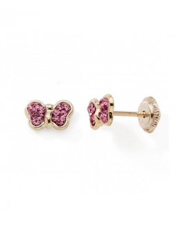 Boucles d'oreilles or 375/1000ème motif Papillons cristaux roses système à vis
