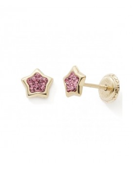 Boucles d'oreilles or 375/1000ème motif Etoiles cristaux roses système à vis