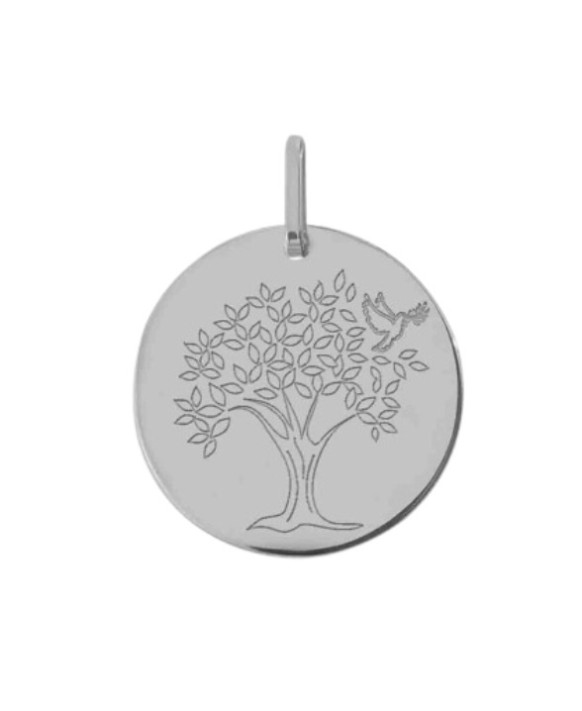 Médaille ronde Arbre de Vie or blanc 375/1000ème
