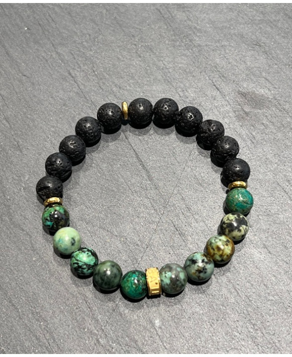 Bracelet homme turquoise africaine, pierre de lave et acier Gold IKOBA BRTAGO18