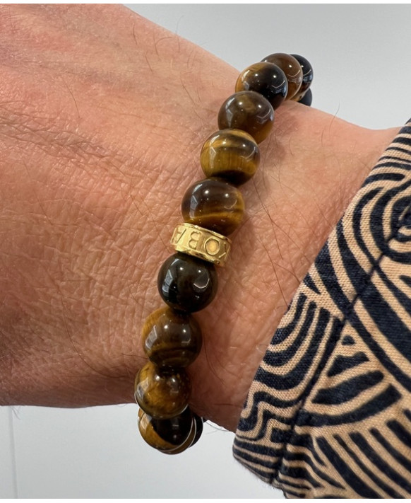 Bracelet homme oeil de tigre, agates noires et acier Gold IKOBA BROTGO18