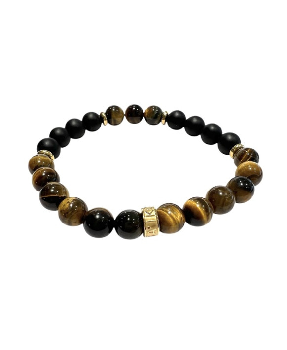 Bracelet homme oeil de tigre, agates noires et acier Gold IKOBA BROTGO18