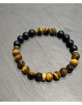 Bracelet homme oeil de tigre, agates noires et acier Gold IKOBA BROTGO18