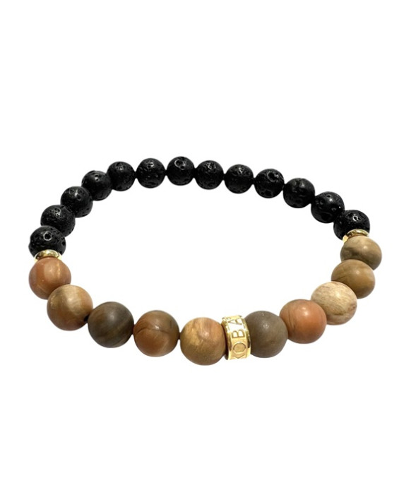 Bracelet homme bois fossilisé, pierres de lave et acier Gold IKOBA BRBFGO18