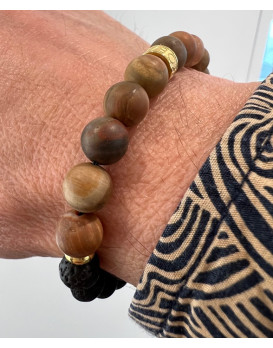 Bracelet homme bois fossilisé, pierres de lave et acier Gold IKOBA BRBFGO18