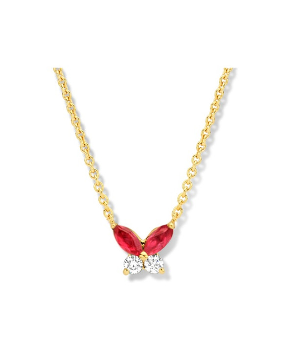 Collier or jaune 750/1000ème avec pendentif  papillon rubis et diamants