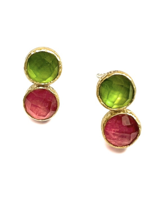 Boucles d'oreilles argent  et or jaune 750/1000ème, tourmaline doublet et dioptase doublet