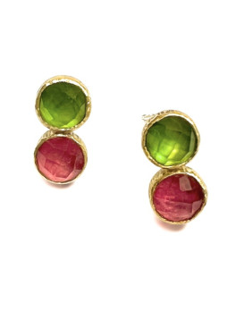 Boucles d'oreilles argent  et or jaune 750/1000ème, tourmaline doublet et dioptase doublet