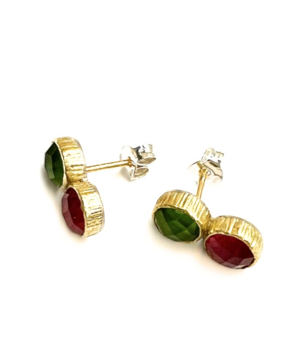 Boucles d'oreilles argent  et or jaune 750/1000ème, tourmaline doublet et dioptase doublet