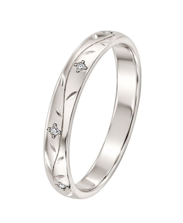 CYRIELLE – Alliance femme en or blanc 750/1000 (18 carats) et diamants : motifs floraux délicats